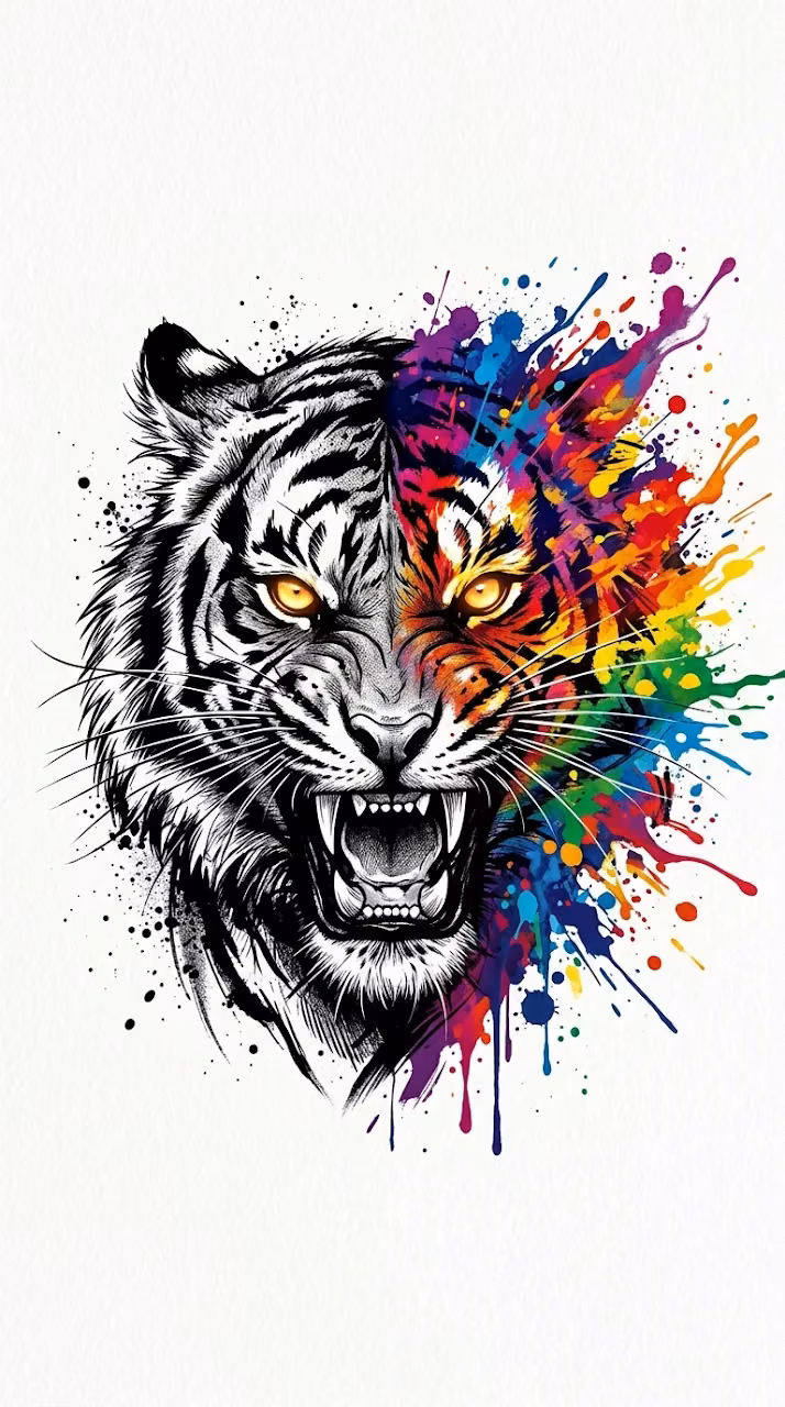 Download Abstract Tiger Head Illustration with Explosive Multi-Color Paint Splashes Wallpaper in Mobile HD Abstract Tiger Head Illustration with Explosive Multi-Color Paint Splashes - Free Mobile AMOLED Wallpaper Background