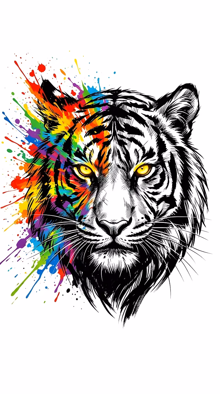 Download Abstract Tiger Head Illustration with Vibrant Rainbow Paint Splashes on White Wallpaper in Mobile HD Abstract Tiger Head Illustration with Vibrant Rainbow Paint Splashes on White - Free Mobile AMOLED Wallpaper Background