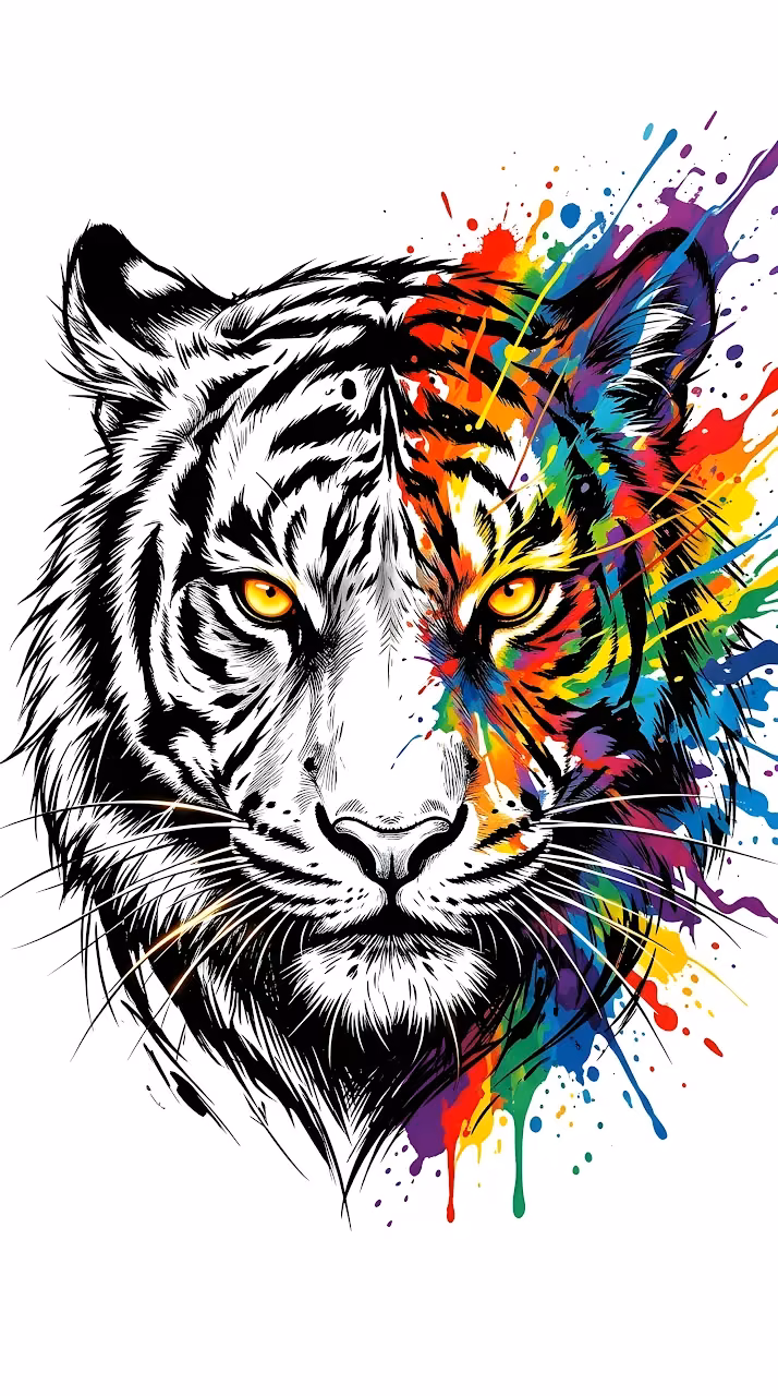 Download Abstract Tiger Head Illustration with Vibrant Rainbow Paint Splashes on White Wallpaper in Mobile HD Abstract Tiger Head Illustration with Vibrant Rainbow Paint Splashes on White - Free Mobile AMOLED Wallpaper Background