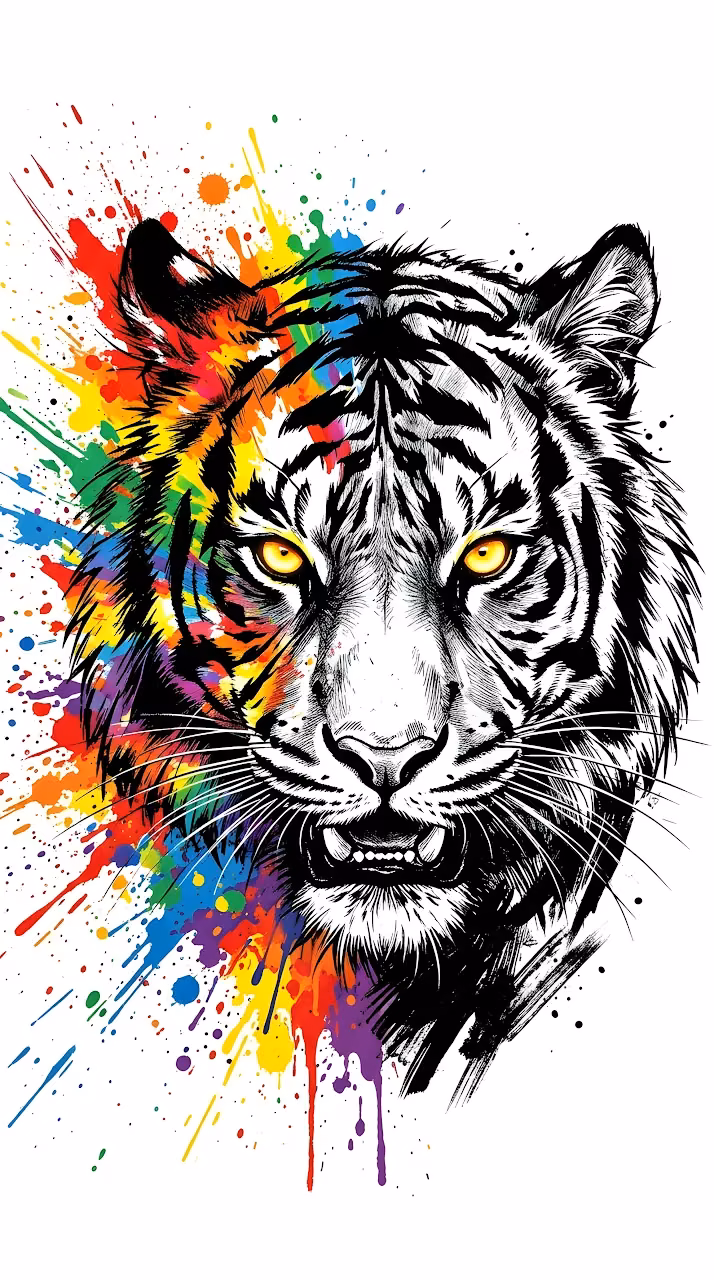 Download Abstract Tiger Head Illustration with Vibrant Rainbow Paint Splashes on White Wallpaper in Mobile HD Abstract Tiger Head Illustration with Vibrant Rainbow Paint Splashes on White - Free Mobile AMOLED Wallpaper Background