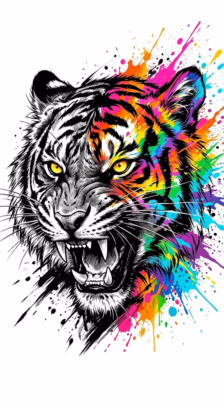 Download Abstract Tiger Head Illustration with Vibrant Rainbow Paint Splashes on White Wallpaper in Mobile HD Abstract Tiger Head Illustration with Vibrant Rainbow Paint Splashes on White - Free Mobile AMOLED Wallpaper Background