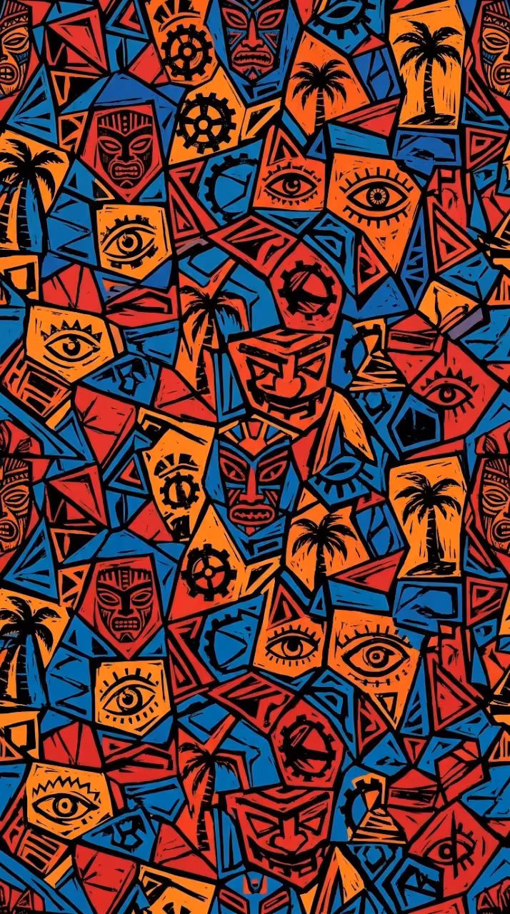 Download Abstract Tribal Mosaic Pattern with Masks Gears and Geometric Shapes Wallpaper in Mobile HD Abstract Tribal Mosaic Pattern with Masks Gears and Geometric Shapes - Free Mobile AMOLED Wallpaper Background