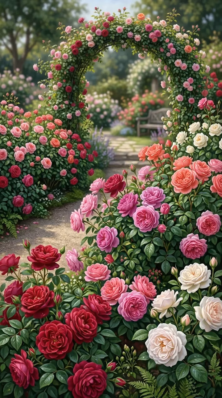 Download Abundant Rose Garden in Full Bloom with Crimson and Pink Petals Wallpaper in Mobile HD Abundant Rose Garden in Full Bloom with Crimson and Pink Petals - Free Mobile AMOLED Wallpaper Background