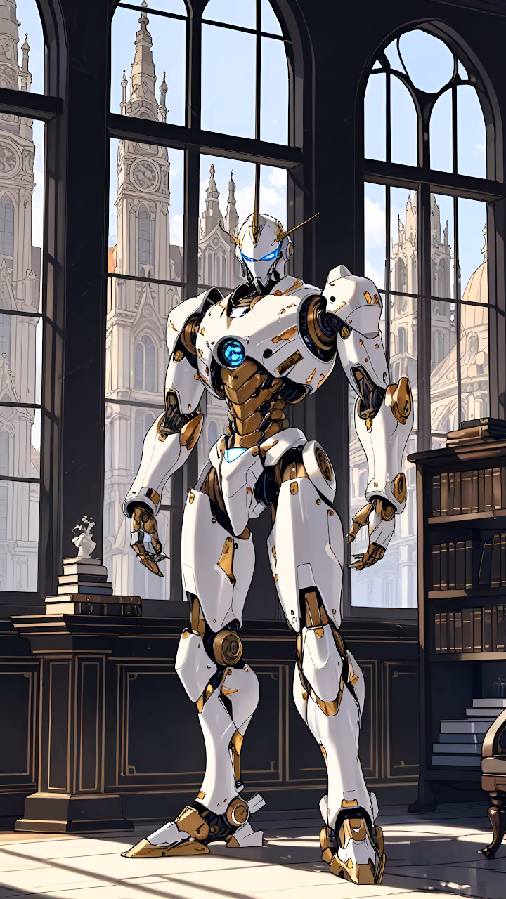 Download Academic Mecha Sentinel in Gothic Library Windows Wallpaper in Mobile HD Academic Mecha Sentinel in Gothic Library Windows - Free Mobile AMOLED Wallpaper Background