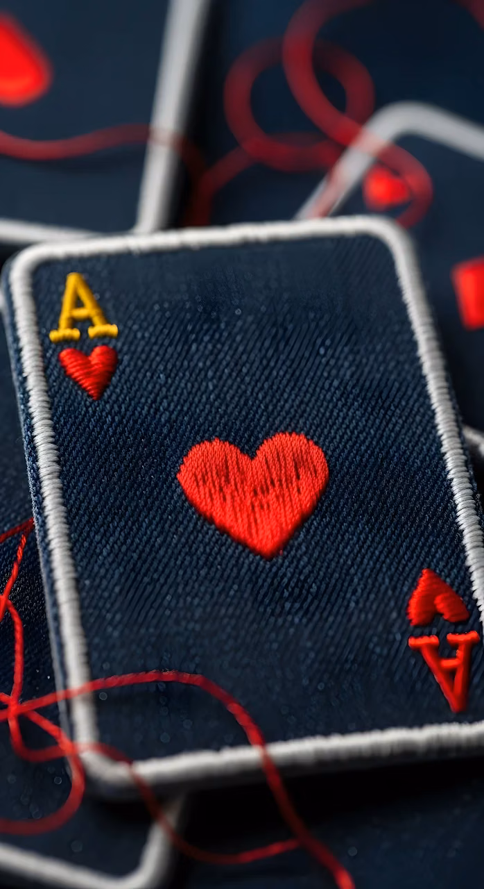 Download Ace of Hearts Embroidered Denim Patch Macro Photography Wallpaper in Mobile HD Ace of Hearts Embroidered Denim Patch Macro Photography - Free Mobile AMOLED Wallpaper Background