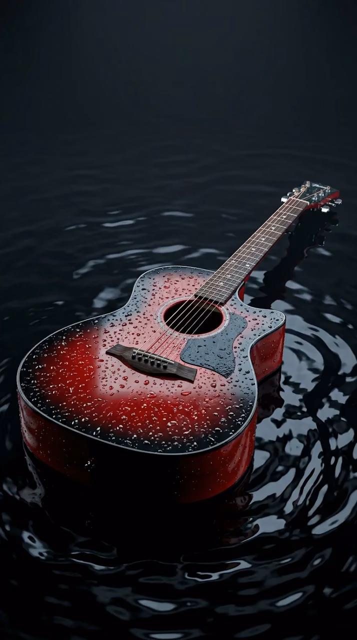 Acoustic Guitar with Water Droplets on Dark Rippling Water - Free Mobile AMOLED Wallpaper Background