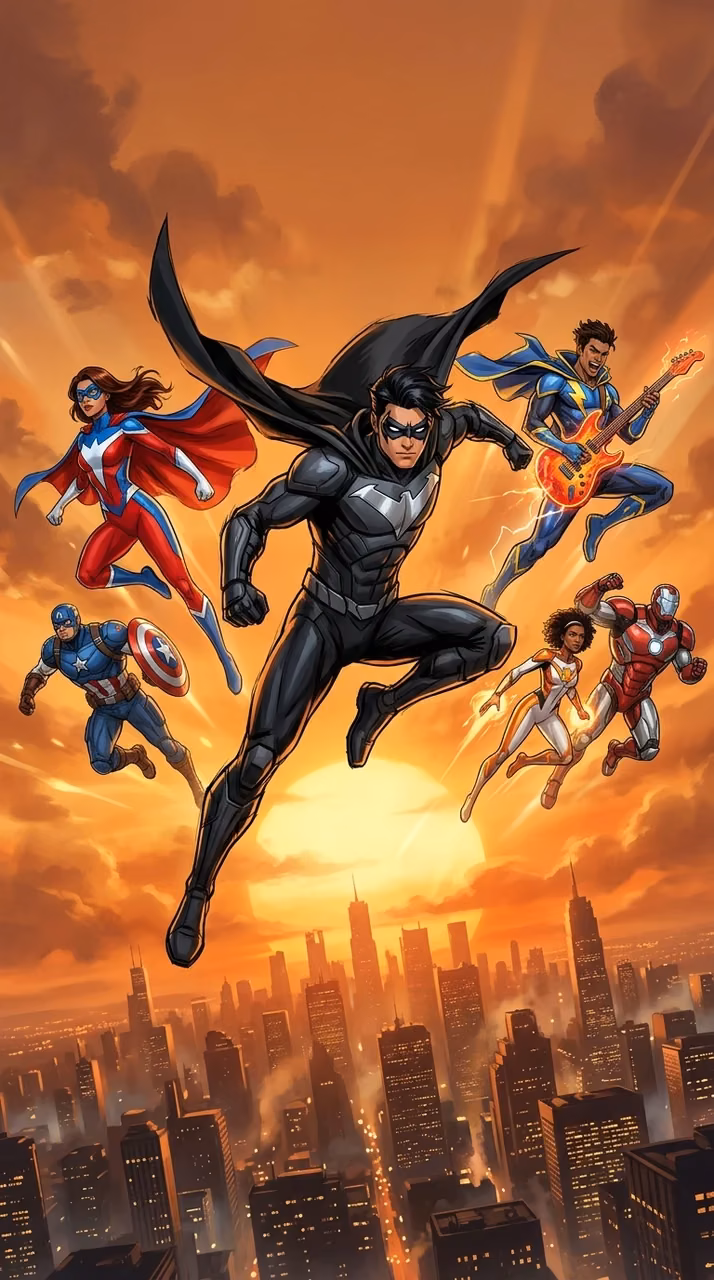 Download Action Illustration of Diverse Superheroes Leaping Across an Urban Sunset Sky Wallpaper in Mobile HD Action Illustration of Diverse Superheroes Leaping Across an Urban Sunset Sky - Free Mobile AMOLED Wallpaper Background