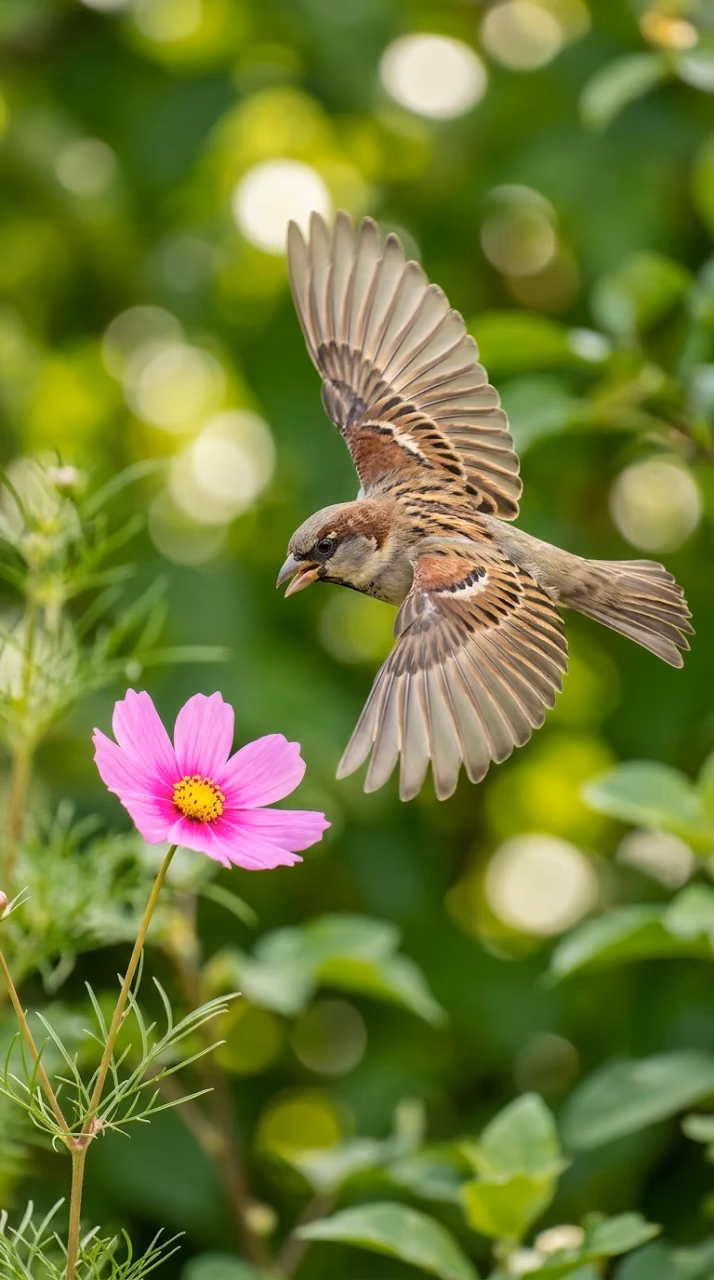 Action Macro Shot of a Sparrow Flying Toward a Pink Flower - Free Mobile AMOLED Wallpaper Background