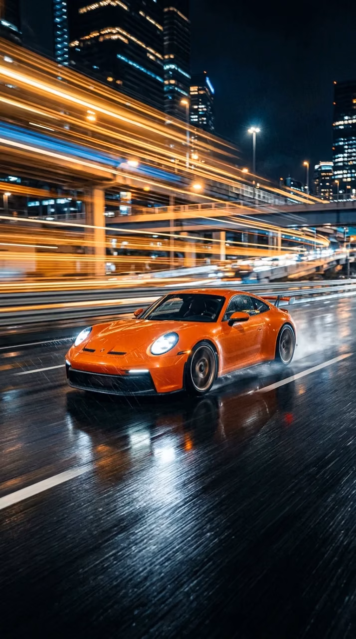 Action Sportscar Speeding Through City Streets at Night with Motion Blur - Free Mobile AMOLED Wallpaper Background