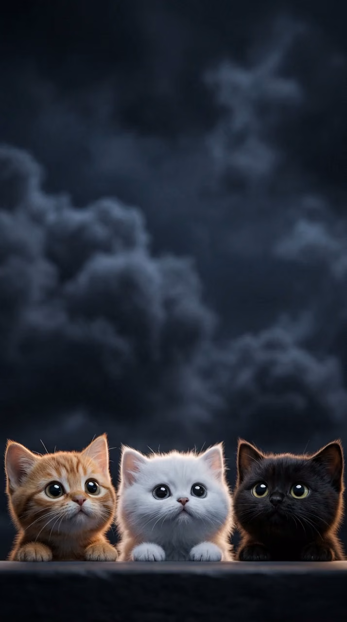 Adorable 3D Render of Three Curious Big-Eyed Kittens - Free Mobile AMOLED Wallpaper Background