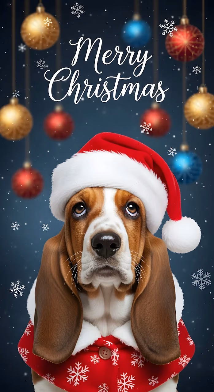 Adorable Basset Hound Puppy in Santa Hat Christmas Portrait - Free Mobile AMOLED Wallpaper Background