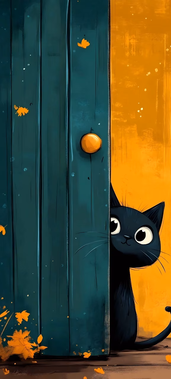 Adorable Black Cat Peeking from Behind a Teal Door - Free Mobile AMOLED Wallpaper Background