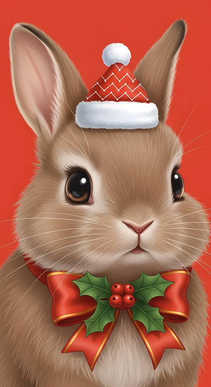 Download Adorable Christmas Bunny Portrait with Santa Hat and Holly Bow Wallpaper in Mobile HD Adorable Christmas Bunny Portrait with Santa Hat and Holly Bow - Free Mobile AMOLED Wallpaper Background