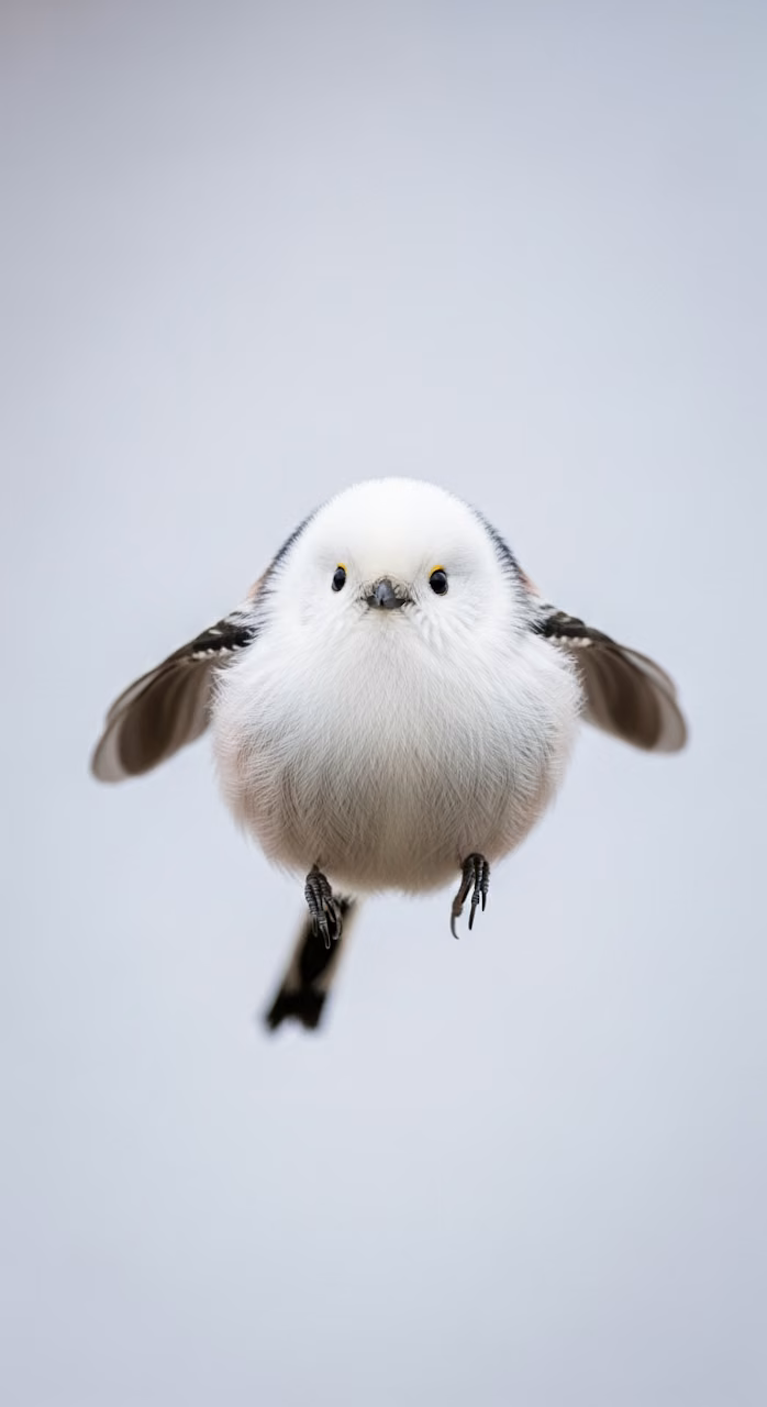 Download Adorable Close-up Macro Photo of a Fluffy White Long-Tailed Tit Bird in Mid-Flight Against a Soft Background Wallpaper in Mobile HD Adorable Close-up Macro Photo of a Fluffy White Long-Tailed Tit Bird in Mid-Flight Against a Soft Background - Free Mobile AMOLED Wallpaper Background