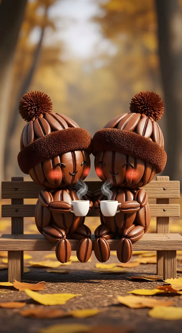 Adorable Coffee Bean Couple Autumn Bench Cozy Art - Free Mobile AMOLED Wallpaper Background