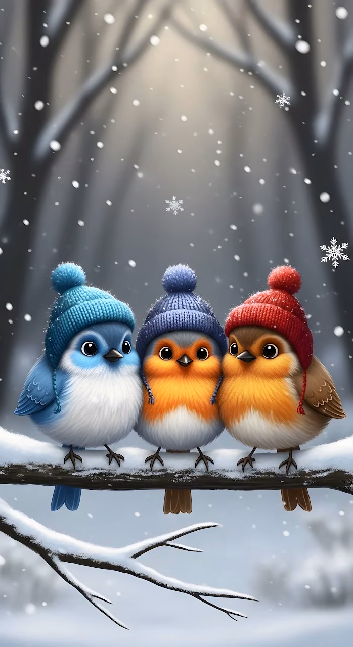 Download Adorable Fluffy Birds Wearing Colorful Winter Knit Hats Wallpaper in Mobile HD Adorable Fluffy Birds Wearing Colorful Winter Knit Hats - Free Mobile AMOLED Wallpaper Background