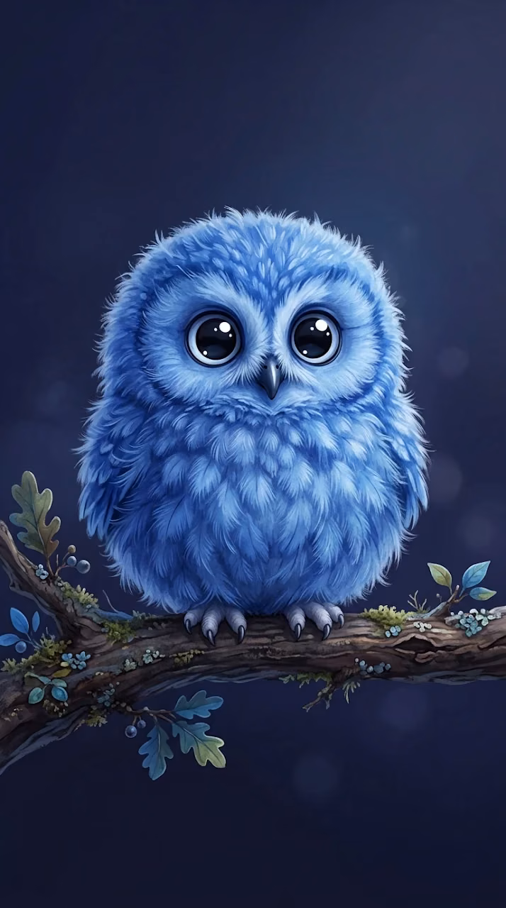 Adorable Fluffy Blue Cartoon Owl perched on Dark Branch - Free Mobile AMOLED Wallpaper Background