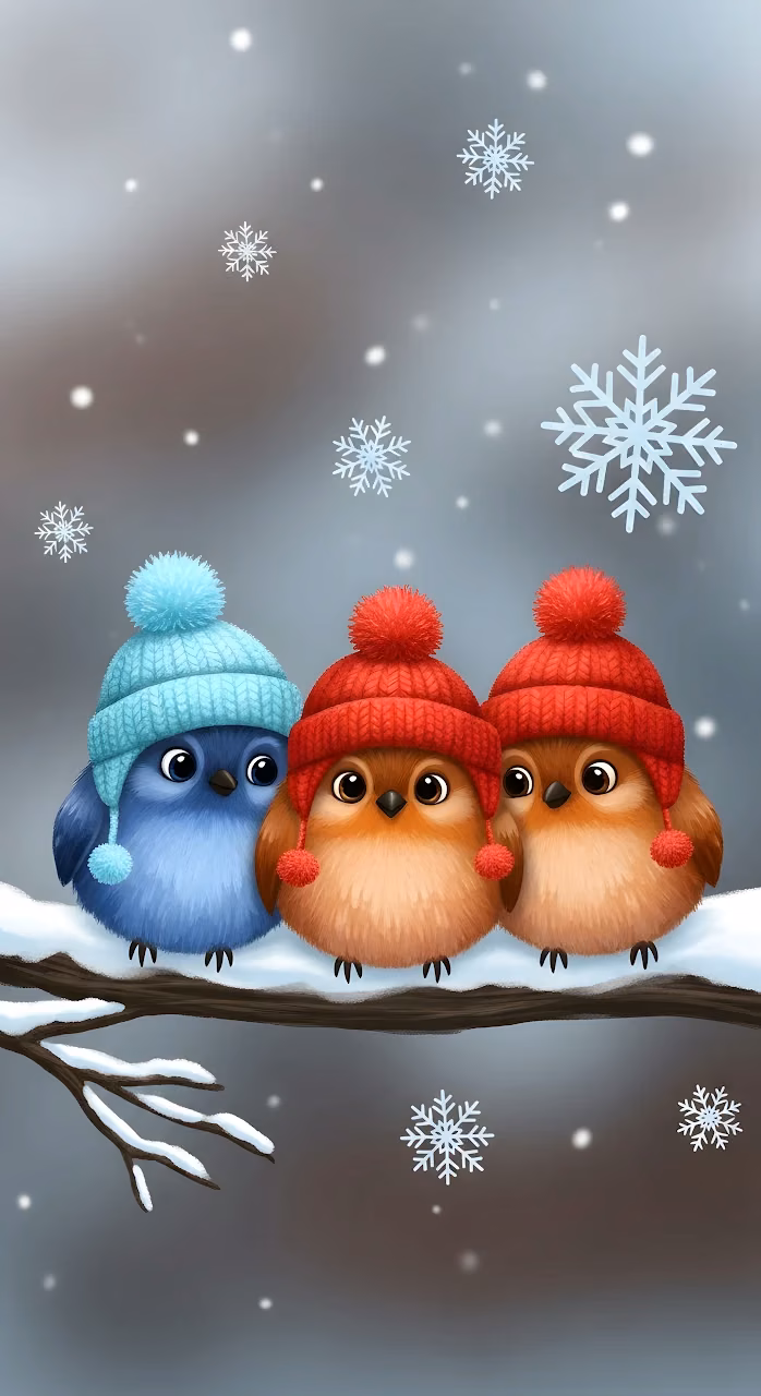 Adorable Fluffy Winter Birds Wearing Knitted Pom Pom Hats - Free Mobile AMOLED Wallpaper Background