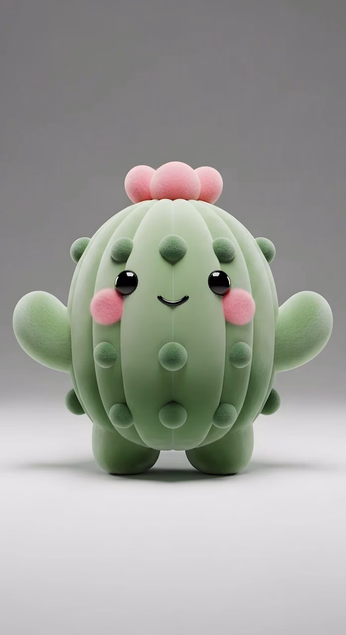 Adorable Fuzzy Kawaii Cactus Character 3D Render Illustration - Free Mobile AMOLED Wallpaper Background