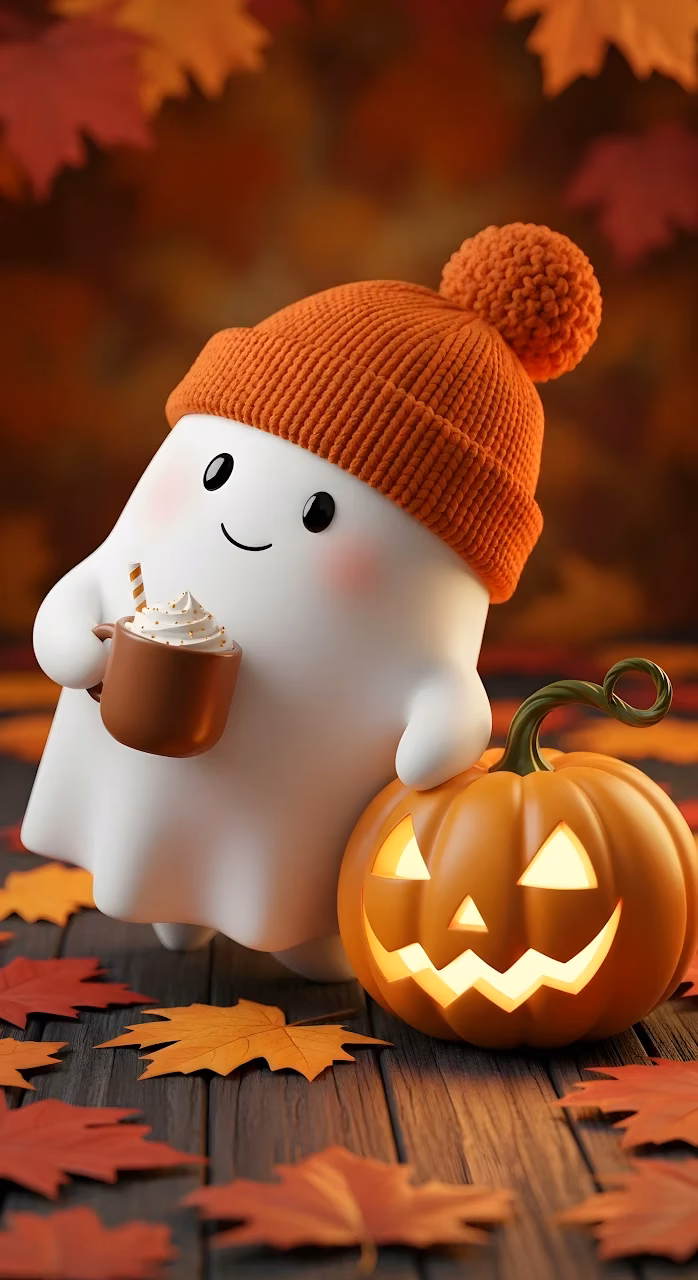 Adorable Ghost with Beanie, Hot Cocoa, and Jack-O-Lantern - Free Mobile AMOLED Wallpaper Background