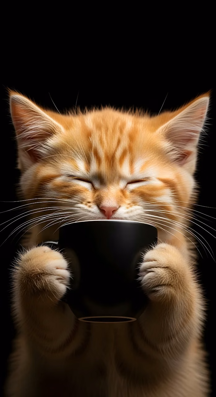 Download Adorable Orange Kitten Sipping Black Coffee Mug Wallpaper in Mobile HD Adorable Orange Kitten Sipping Black Coffee Mug - Free Mobile AMOLED Wallpaper Background