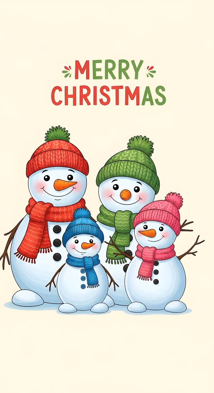 Adorable Snowman Family Illustration Festive Winter Greeting - Free Mobile AMOLED Wallpaper Background