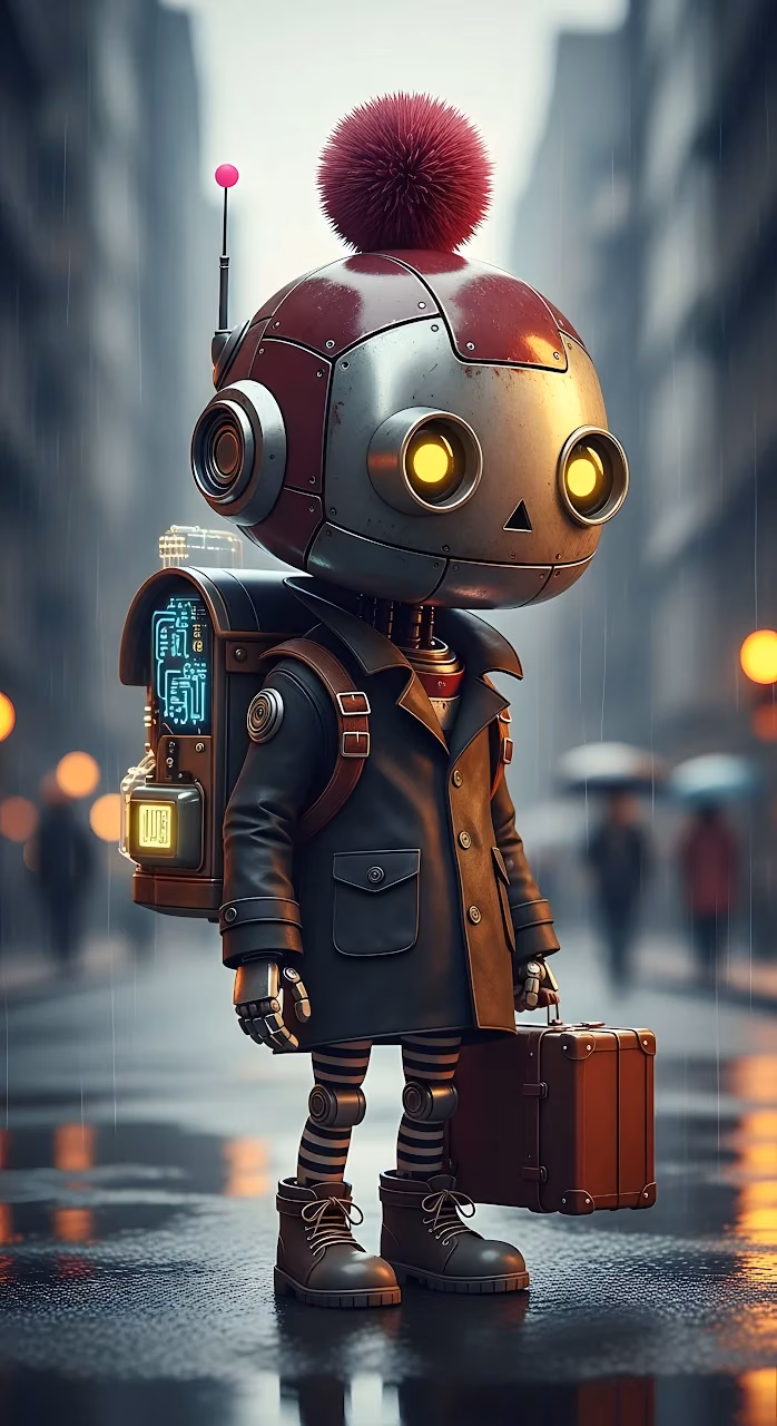Adorable Steampunk Robot Traveler in the Rain - Free Mobile AMOLED Wallpaper Background