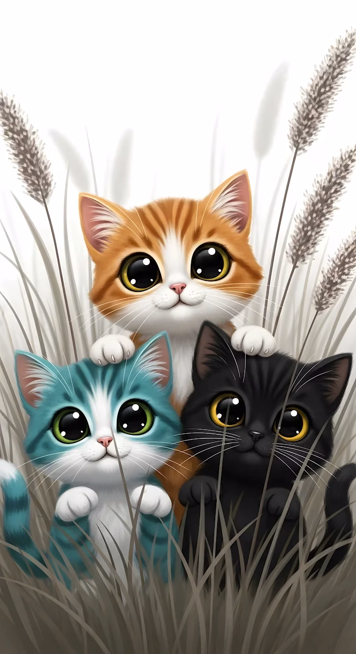 Adorable Three Kittens Big Eyes Tall Grasses Illustration - Free Mobile AMOLED Wallpaper Background
