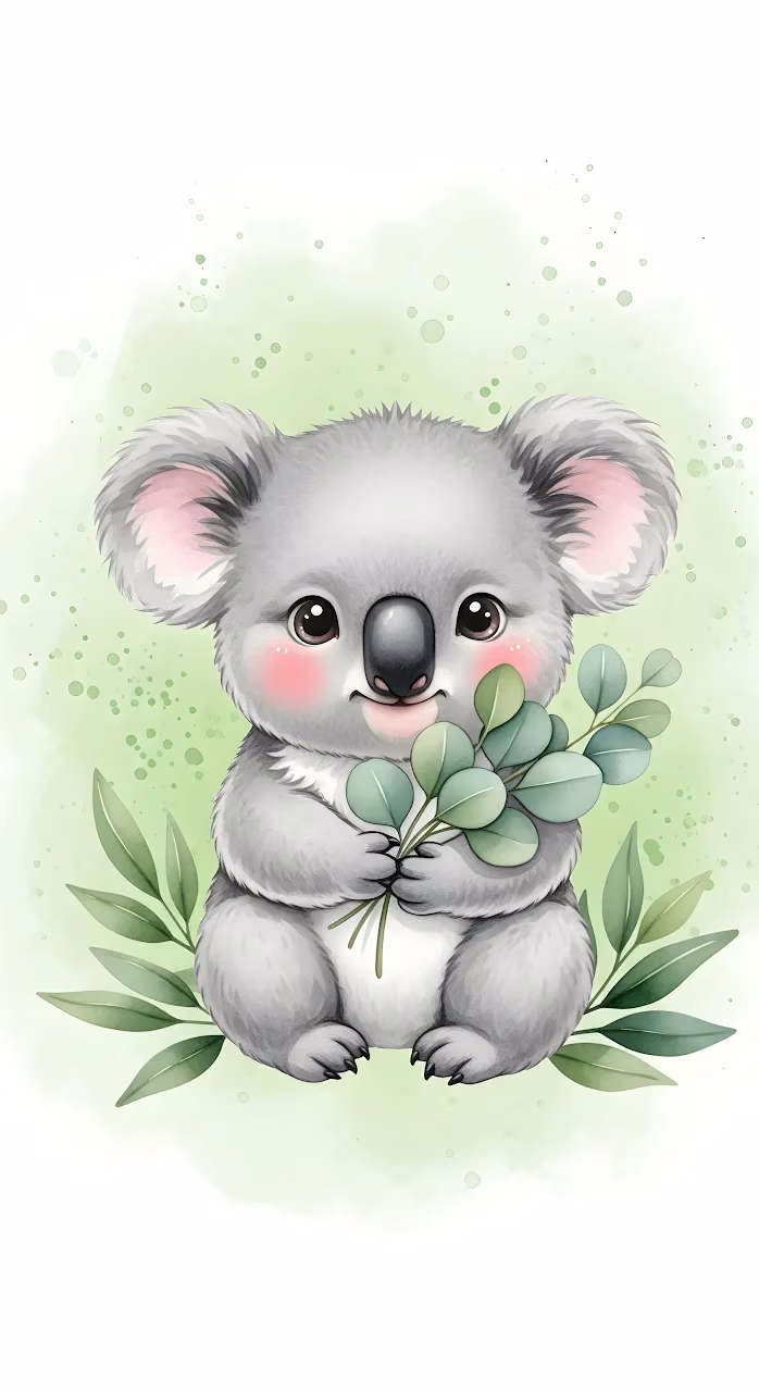 Adorable Watercolor Koala Holding Eucalyptus Leaves - Free Mobile AMOLED Wallpaper Background
