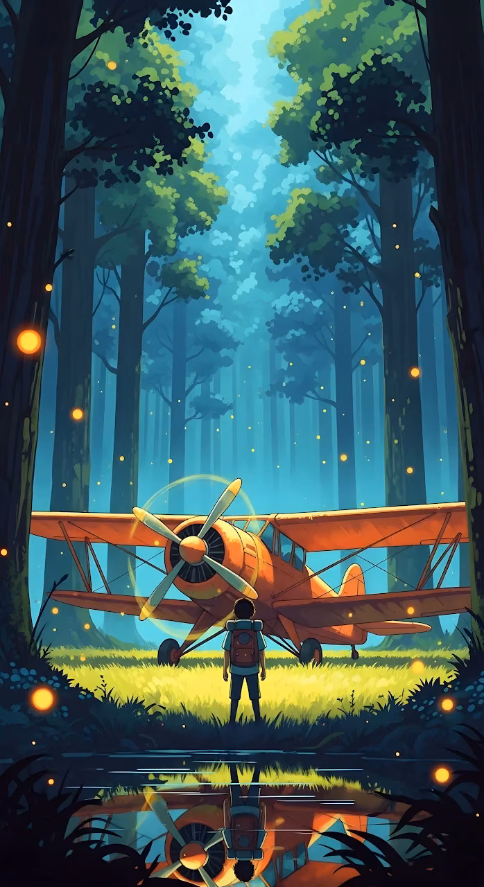 Download Adventure Awaits: Boy and Biplane in Glowing Forest Wallpaper in Mobile HD Adventure Awaits: Boy and Biplane in Glowing Forest - Free Mobile AMOLED Wallpaper Background