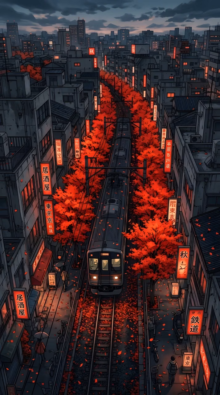 Aerial Anime-Style Illustration of a Dark Train Between Red Autumn Trees in Tokyo - Free Mobile AMOLED Wallpaper Background