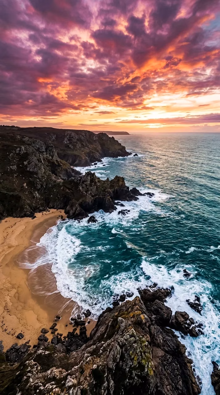 Download Aerial Coastline With Crashing Waves And Vibrant Purple Sunset Wallpaper in Mobile HD Aerial Coastline With Crashing Waves And Vibrant Purple Sunset - Free Mobile AMOLED Wallpaper Background