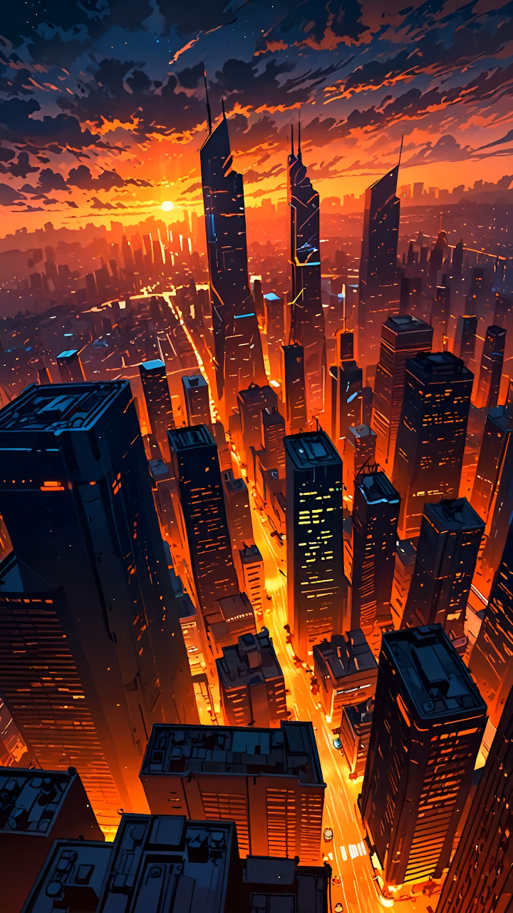Download Aerial Cyberpunk City Sunset Orange Glow Skyscraper View Wallpaper in Mobile HD Aerial Cyberpunk City Sunset Orange Glow Skyscraper View - Free Mobile AMOLED Wallpaper Background