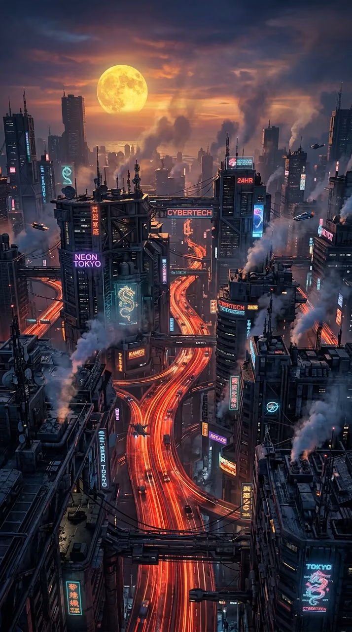 Download Aerial Cyberpunk Cityscape with Glowing Red Traffic and Blood Moon Wallpaper in Mobile HD Aerial Cyberpunk Cityscape with Glowing Red Traffic and Blood Moon - Free Mobile AMOLED Wallpaper Background
