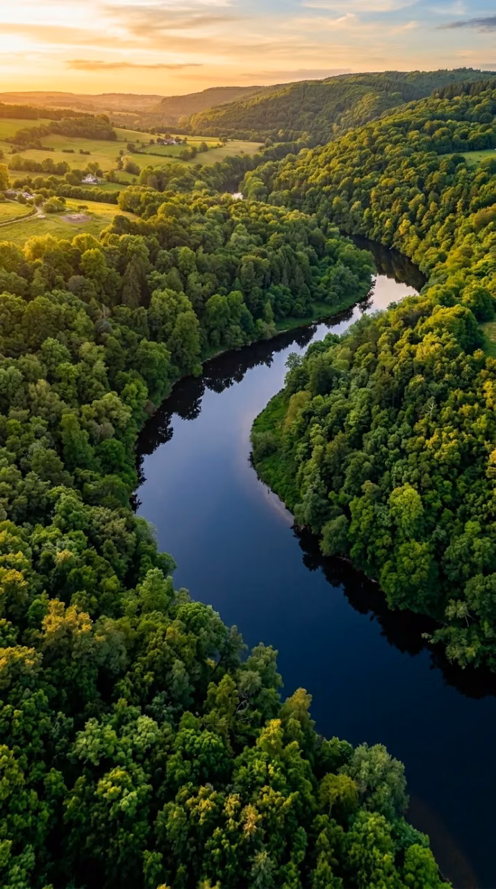 Aerial Drone View of Winding River Through Lush Forest - Free Mobile AMOLED Wallpaper Background