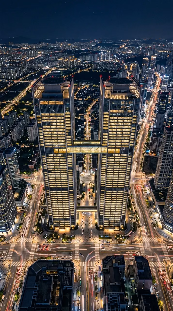 Download Aerial High-Angle Shot of Symmetrical Twin Skyscrapers in a Glowing Night City Wallpaper in Mobile HD Aerial High-Angle Shot of Symmetrical Twin Skyscrapers in a Glowing Night City - Free Mobile AMOLED Wallpaper Background