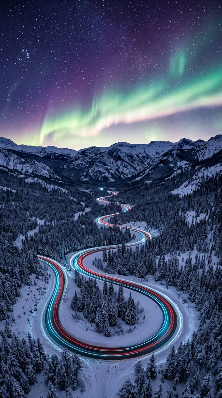 Aerial Snowy Mountain Highway beneath Northern Lights Aurora Wallpaper - Free Mobile AMOLED Wallpaper Background