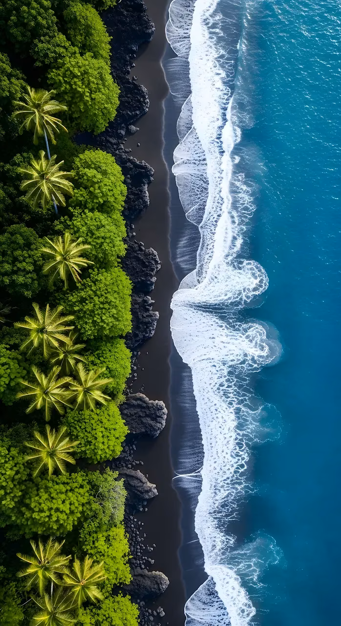 Aerial View of Black Sand Beach and Tropical Palm Trees - Free Mobile AMOLED Wallpaper Background