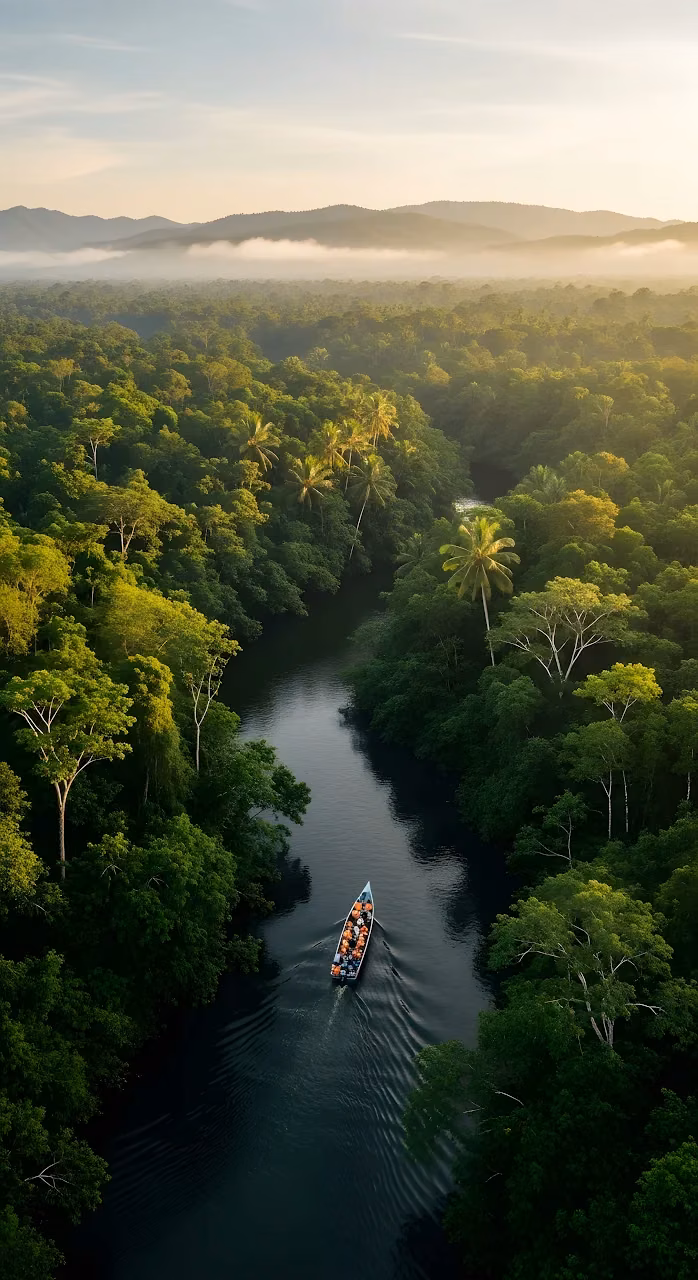 Aerial View Boat on Tropical Jungle River at Sunrise - Free Mobile AMOLED Wallpaper Background