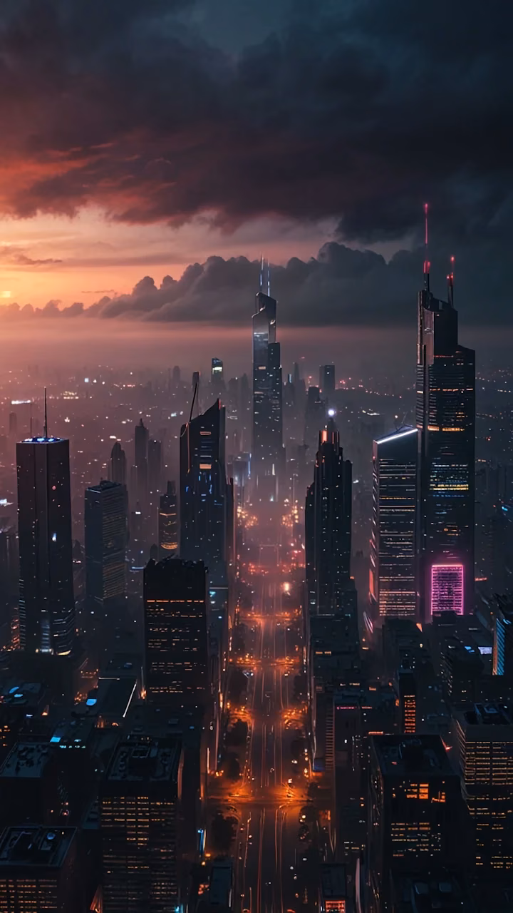 Aerial view of city skyline at dusk under dramatic cloudy sky - Free Mobile AMOLED Wallpaper Background