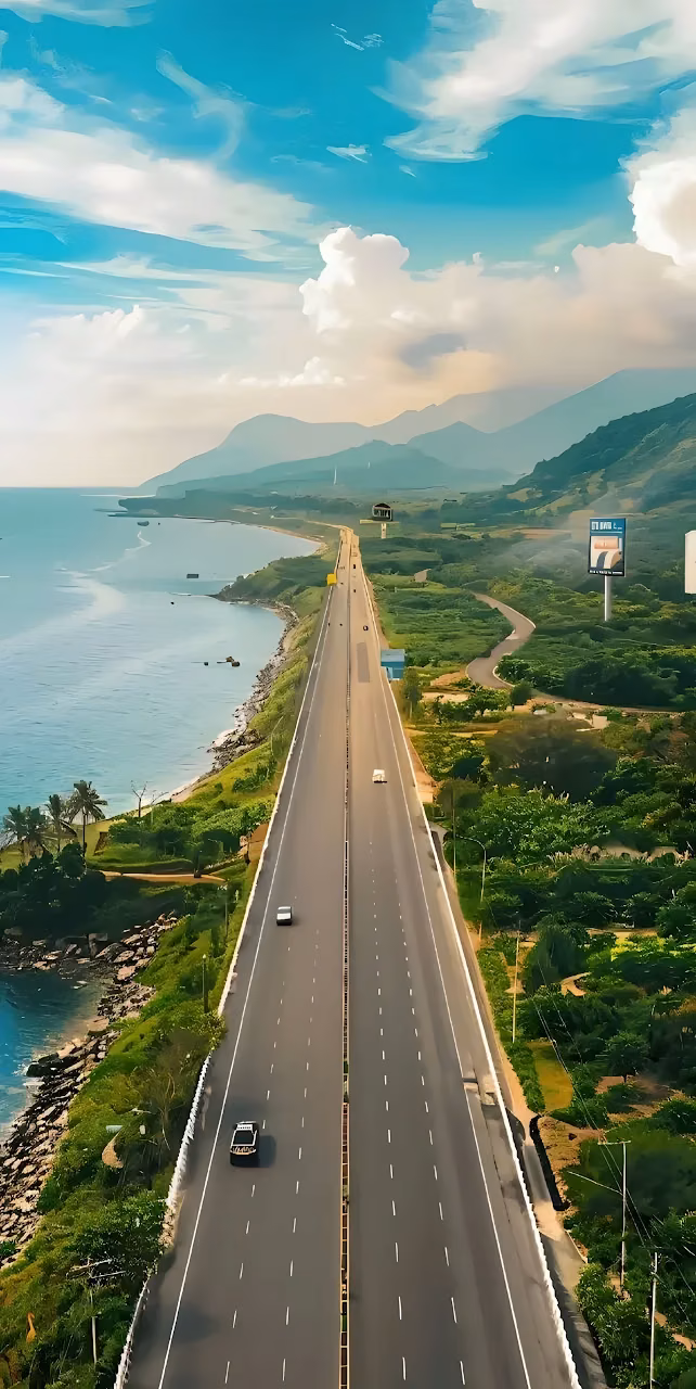 Download Aerial View of Coastal Highway beside Tropical Ocean Wallpaper in Mobile HD Aerial View of Coastal Highway beside Tropical Ocean - Free Mobile AMOLED Wallpaper Background