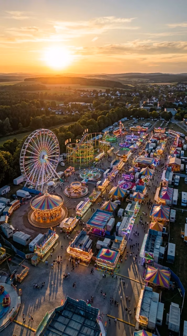 Aerial View of a Colorful Carnival with Ferris Wheel at Sunset - Free Mobile AMOLED Wallpaper Background