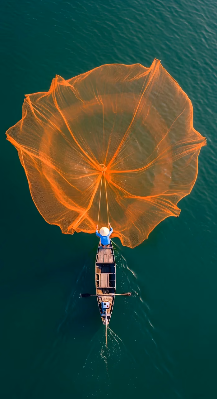 Download Aerial View Fisherman Casting Orange Net Emerald Water Wallpaper in Mobile HD Aerial View Fisherman Casting Orange Net Emerald Water - Free Mobile AMOLED Wallpaper Background