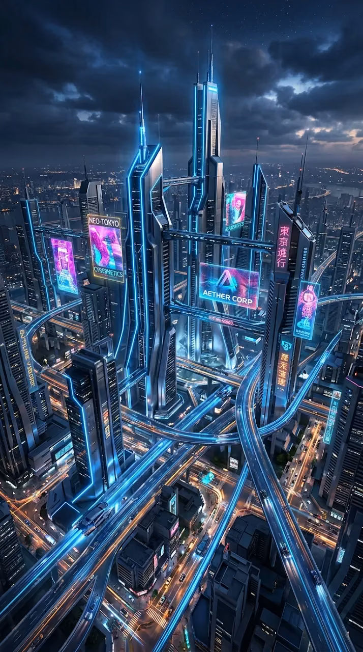 Aerial View of Futuristic City Skyline with Holograms and Transit - Free Mobile AMOLED Wallpaper Background