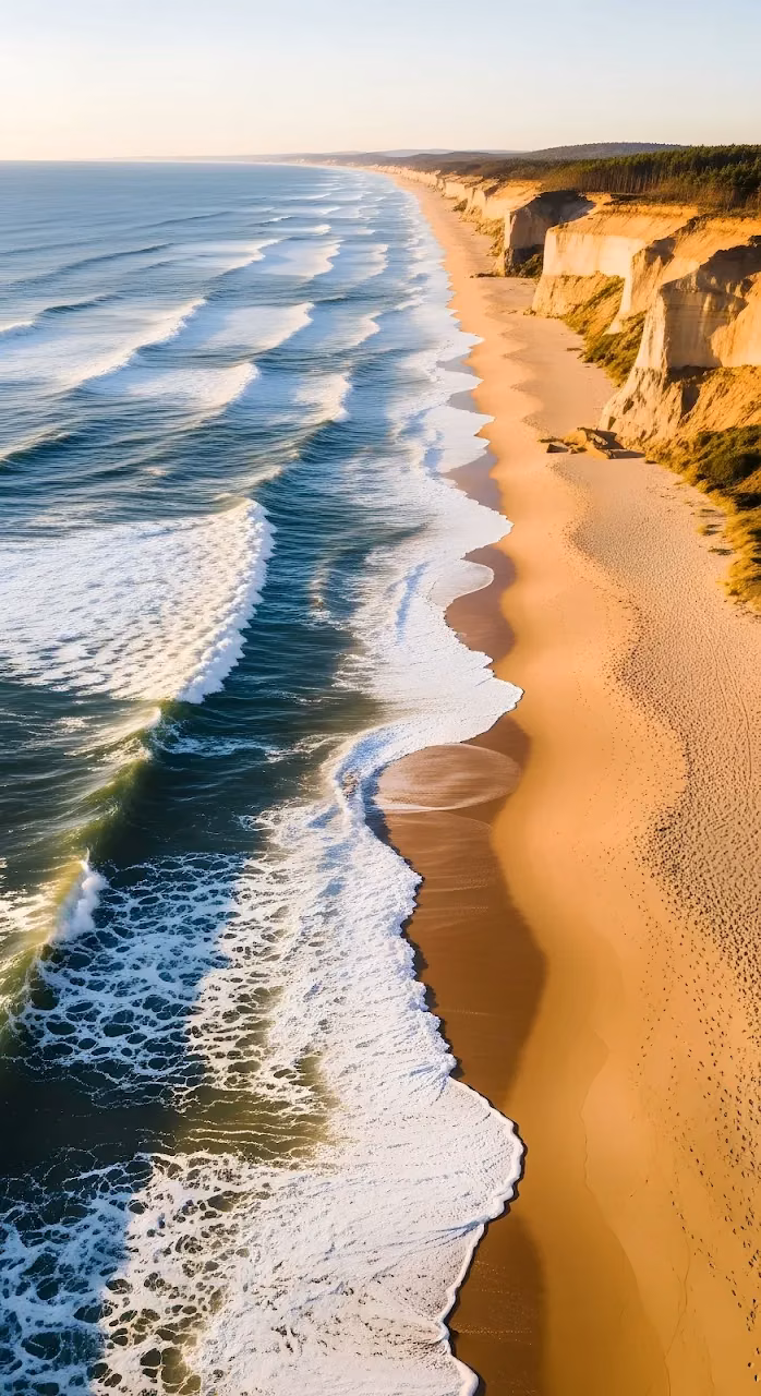 Aerial View of Golden Beach and Crashing Ocean Waves - Free Mobile AMOLED Wallpaper Background