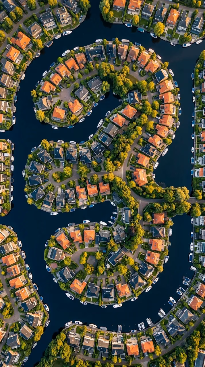 Aerial View Of Houses Arranged Along Sinuous Canals - Free Mobile AMOLED Wallpaper Background