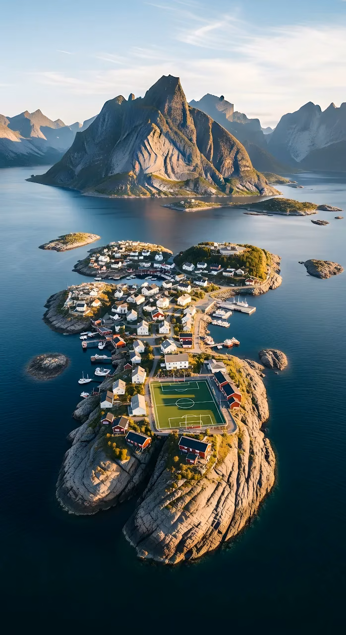 Aerial View Lofoten Island Village Soccer Field Norway Fjord - Free Mobile AMOLED Wallpaper Background