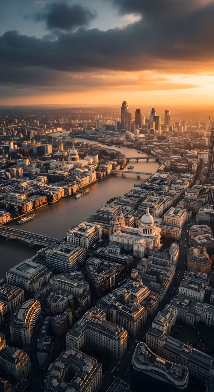 Download Aerial View of London Cityscape at Golden Hour Sunset Wallpaper in Mobile HD Aerial View of London Cityscape at Golden Hour Sunset - Free Mobile AMOLED Wallpaper Background