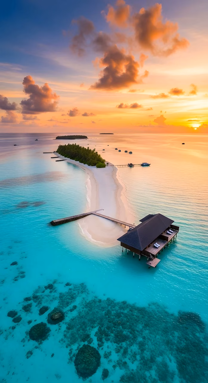 Download Aerial View of Maldives Overwater Bungalow at Sunset Wallpaper in Mobile HD Aerial View of Maldives Overwater Bungalow at Sunset - Free Mobile AMOLED Wallpaper Background