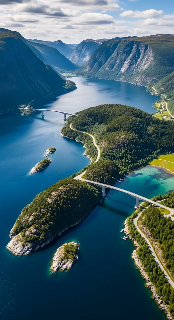Aerial View of Modern Bridge Over Norwegian Fjord - Free Mobile AMOLED Wallpaper Background